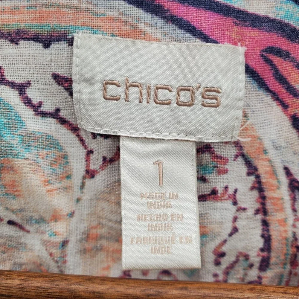 Chico's Womens Paisley Print Zip Up Linen‎ Jacket Size 1 (M) 3/4 Sleeve Career
